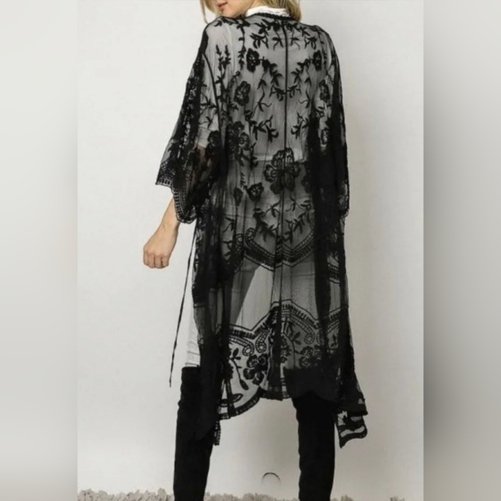 New Beautiful Vintage Look Floral Lace Kimono Duster Cover Up Black